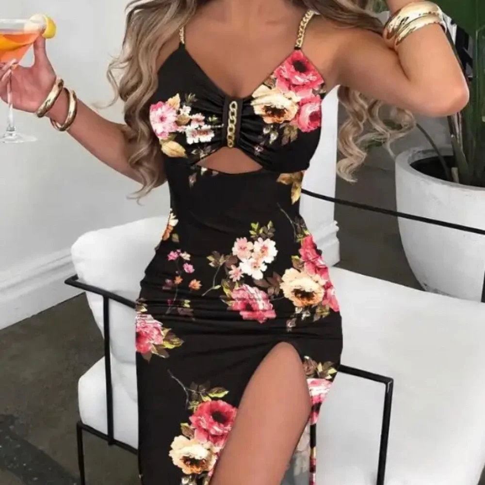 NWT Large Sexy floral print body con dress 2023 sleeveless chain decor - Picture 3 of 7
